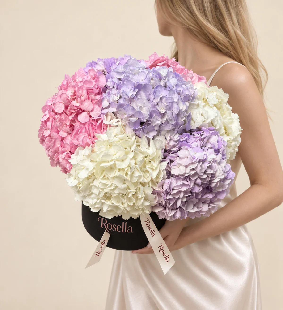 3 lavender hydrangeas, 2 pink hydrangeas & 2 white hydrangeas in a round box