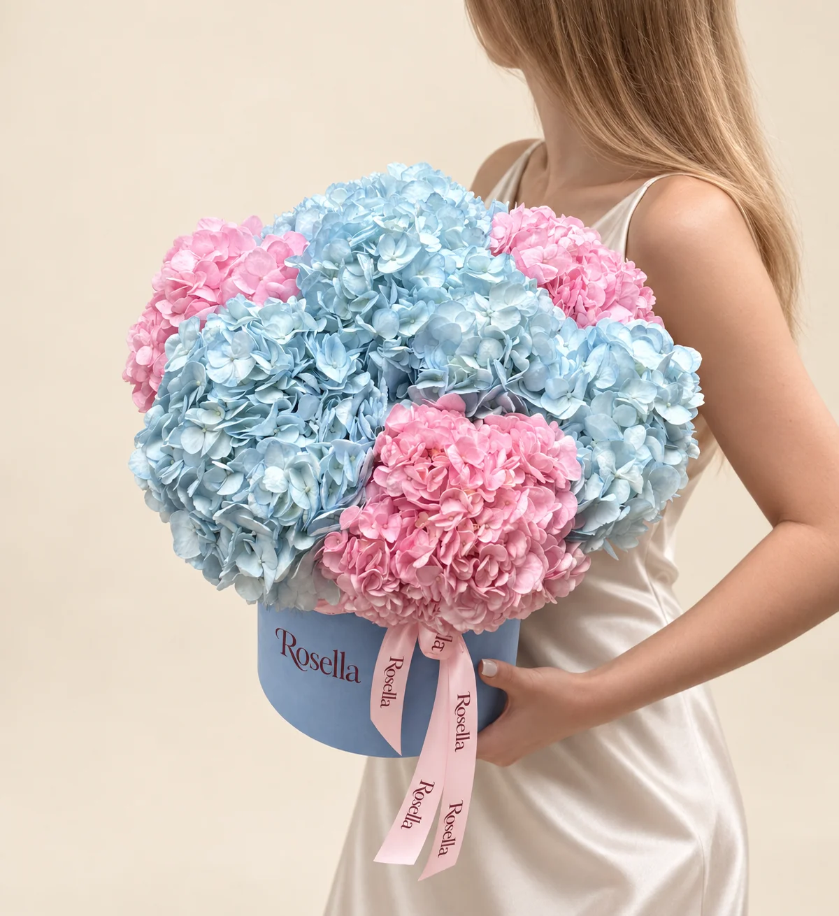 5 blue hydrangeas & 4 pink hydrangeas in a round box