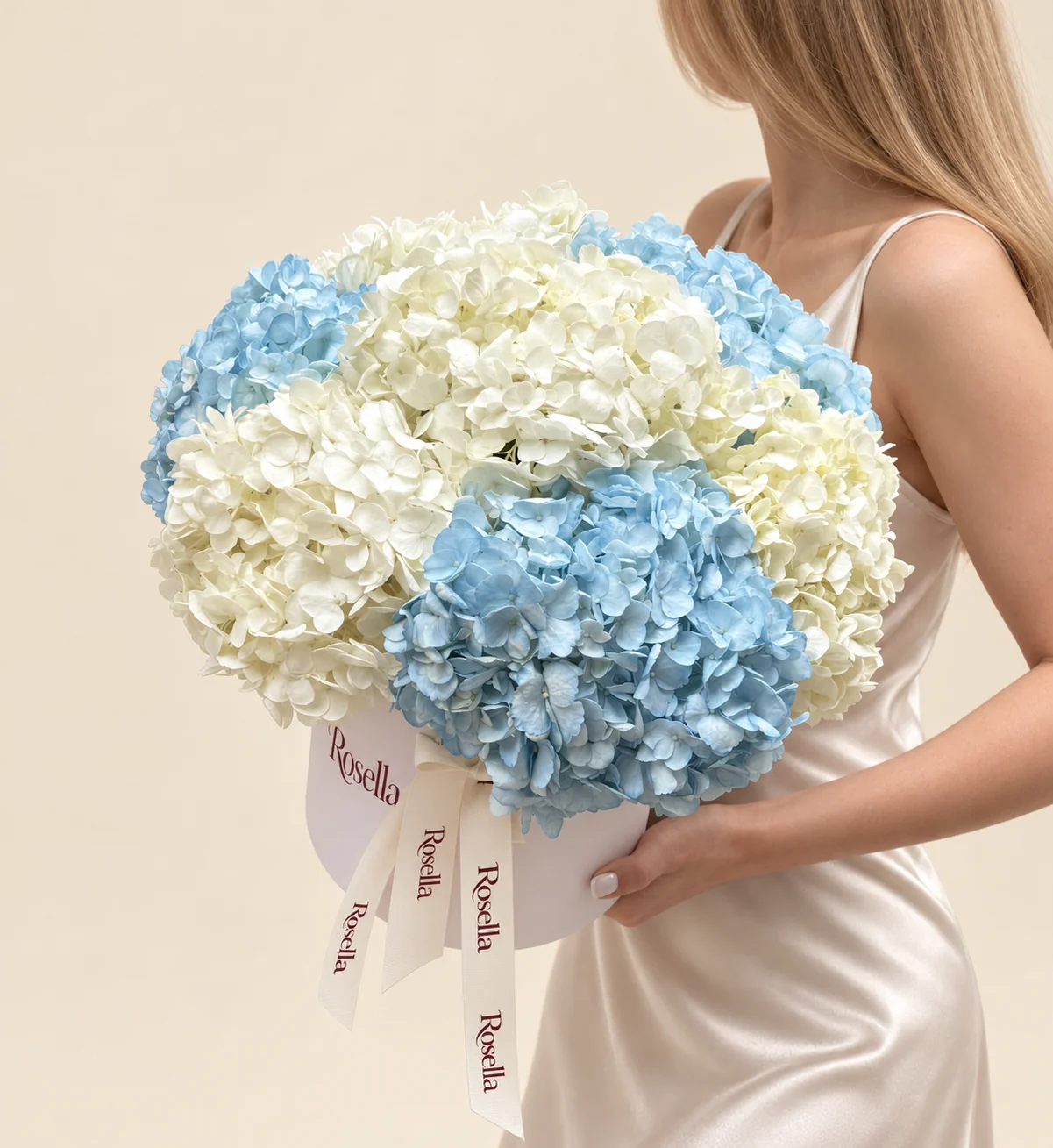 5 white hydrangeas & 4 blue hydrangeas in a round box