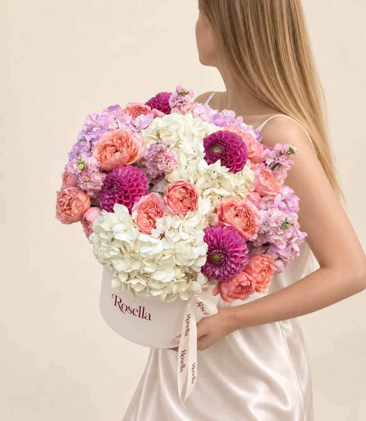 15 garden roses, 5 cream hydrangeas, 4 lavender hydrangeas, 5 dahlias & 4 stocks in a round box