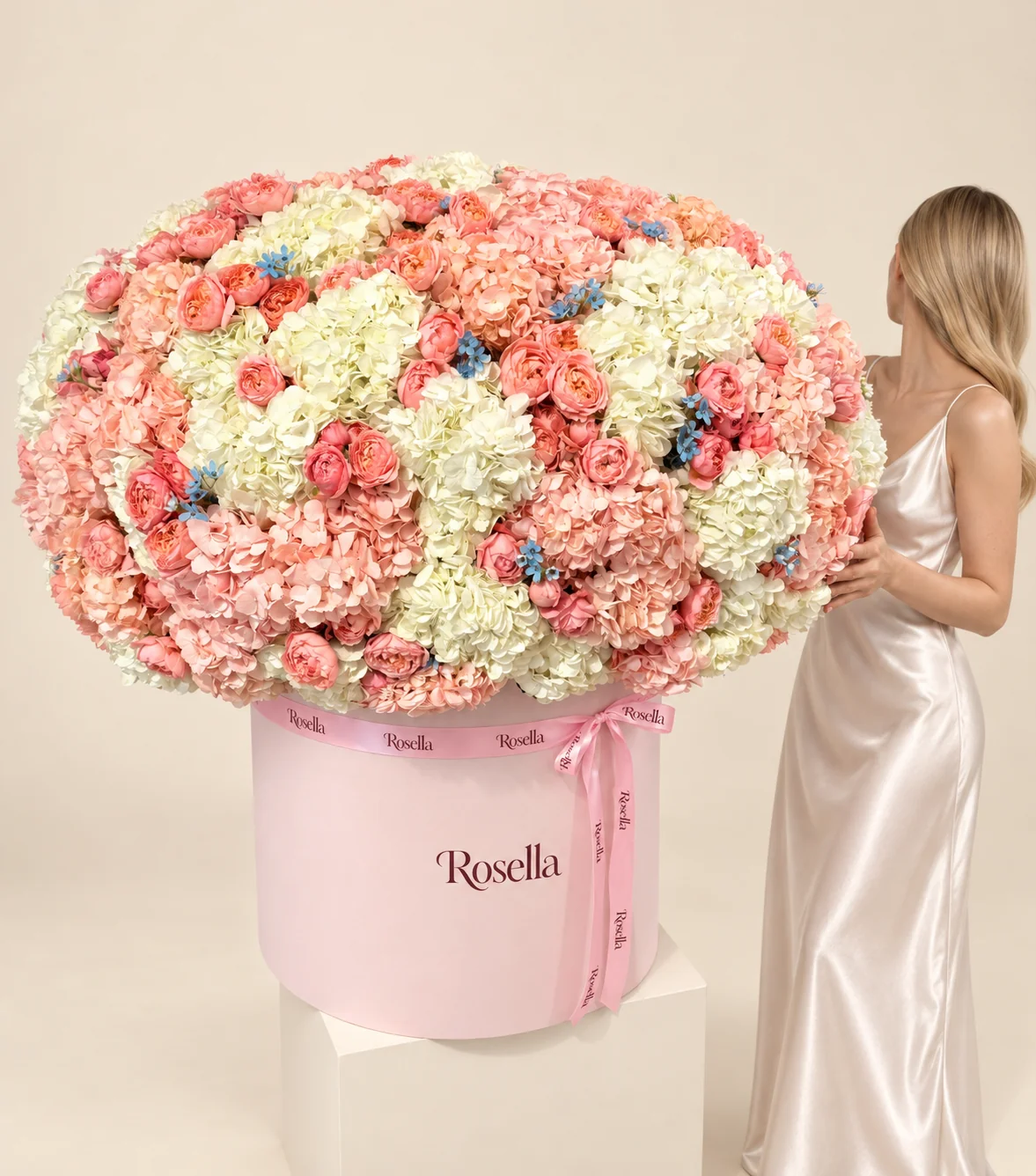 65 garden roses, 27 peach hydrangeas, 26 ivory hydrangeas & 70 tweedia blooms in a round box