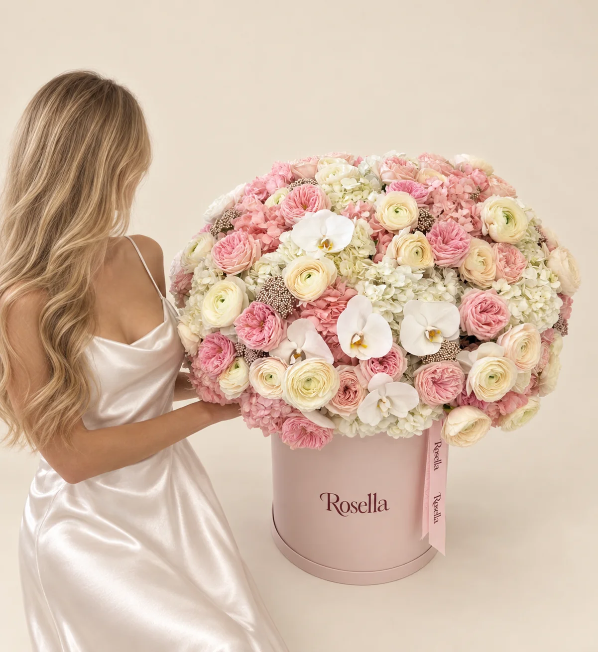 24 garden roses, 10 white hydrangeas, 10 pink hydrangeas, 21 ranunculus, 6 roses & 5 orchid blooms in a round box