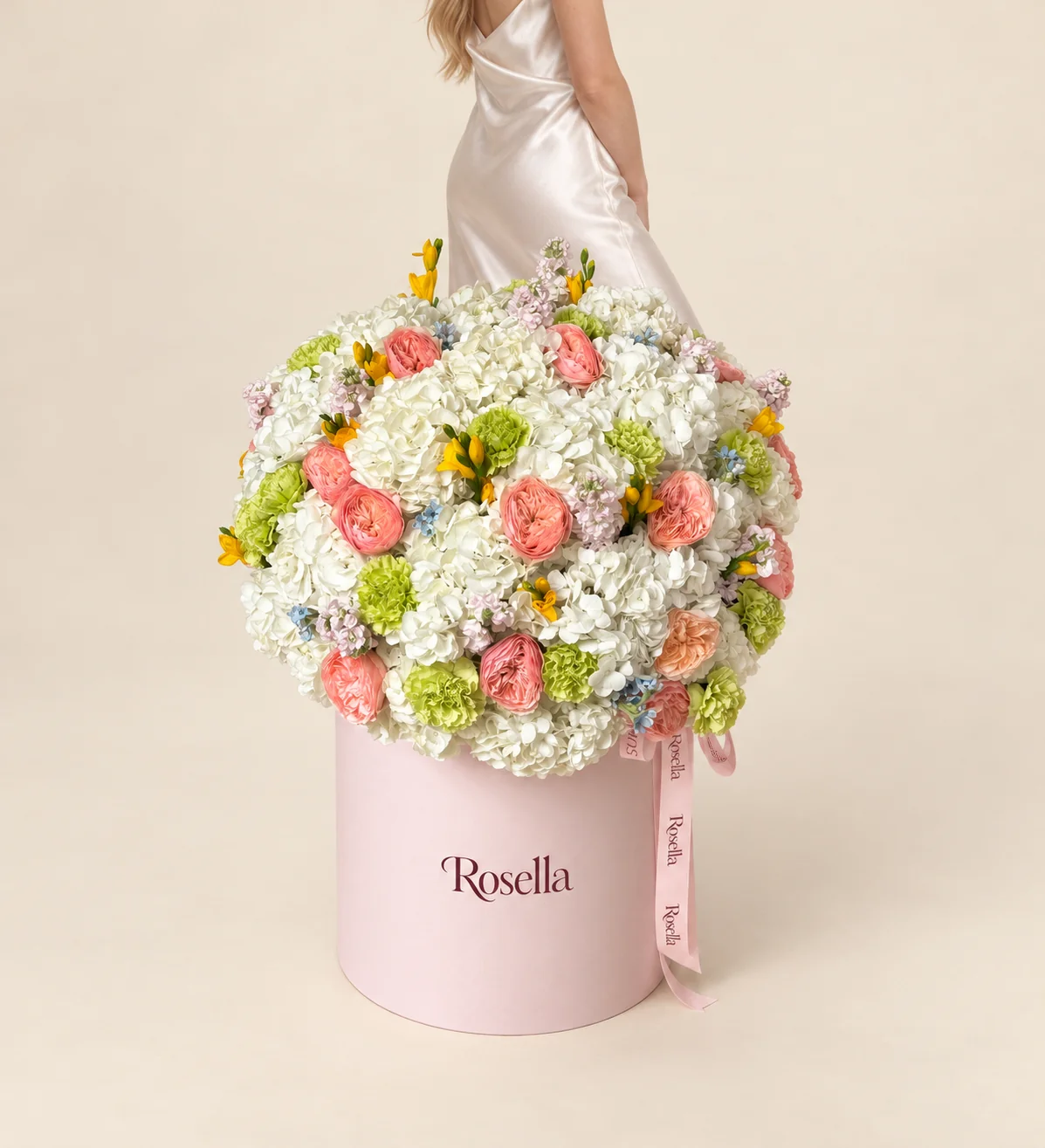 17 hydrangeas, 28 alstroemeria blooms, 15 coral garden roses, 16 carnations, 5 stocks, 20 tweedia blooms & 1 peach garden rose in a round box