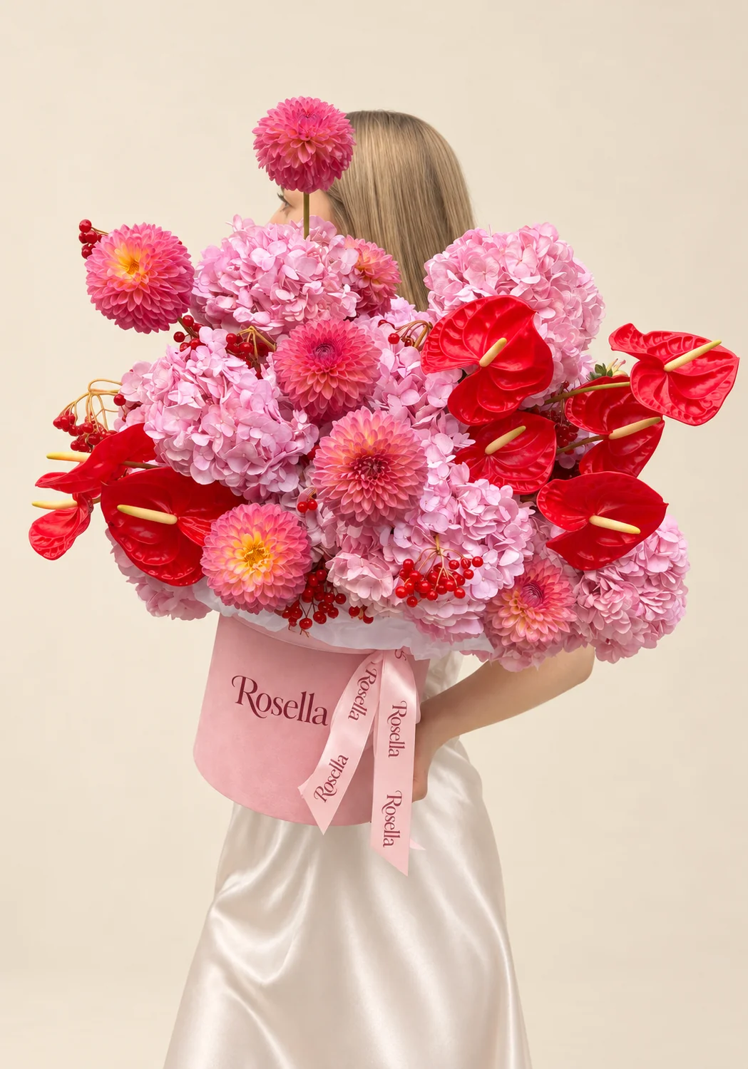 9 hydrangeas, 6 pink dahlias, 8 anthuriums & 2 pink dahlias in a round box