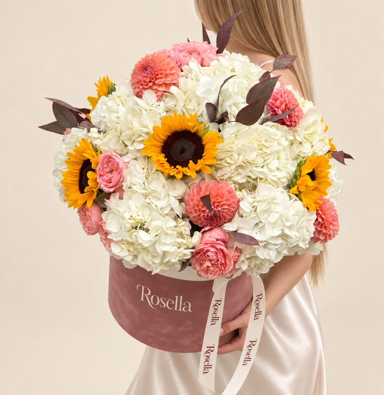 11 hydrangeas, 9 garden roses, 5 dahlias & 6 sunflowers in a round box