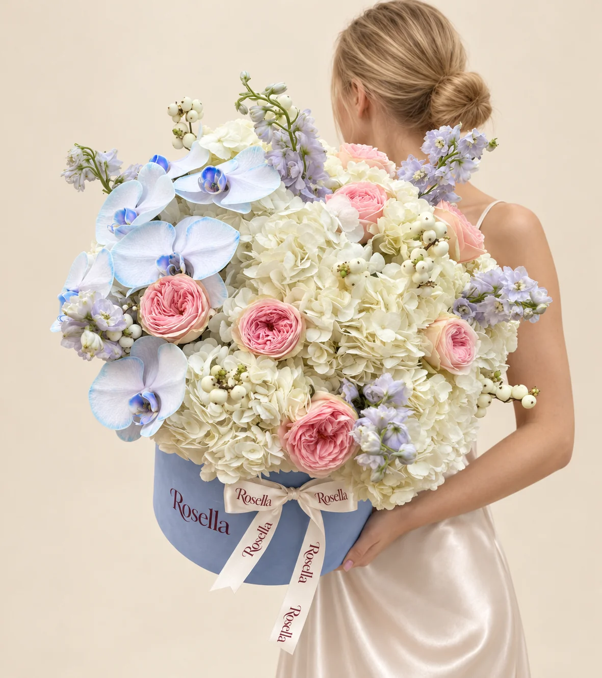 12 hydrangeas, 9 garden roses, 3 delphiniums & 6 orchid blooms in a round box