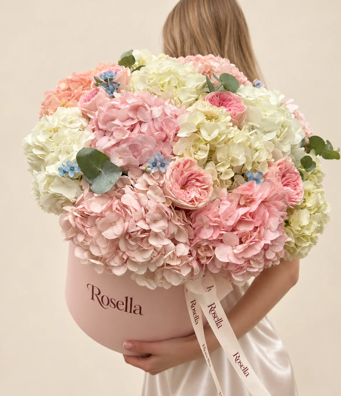 9 blush hydrangeas, 7 cream hydrangeas, 6 garden roses & 12 tweedia blooms in a round box