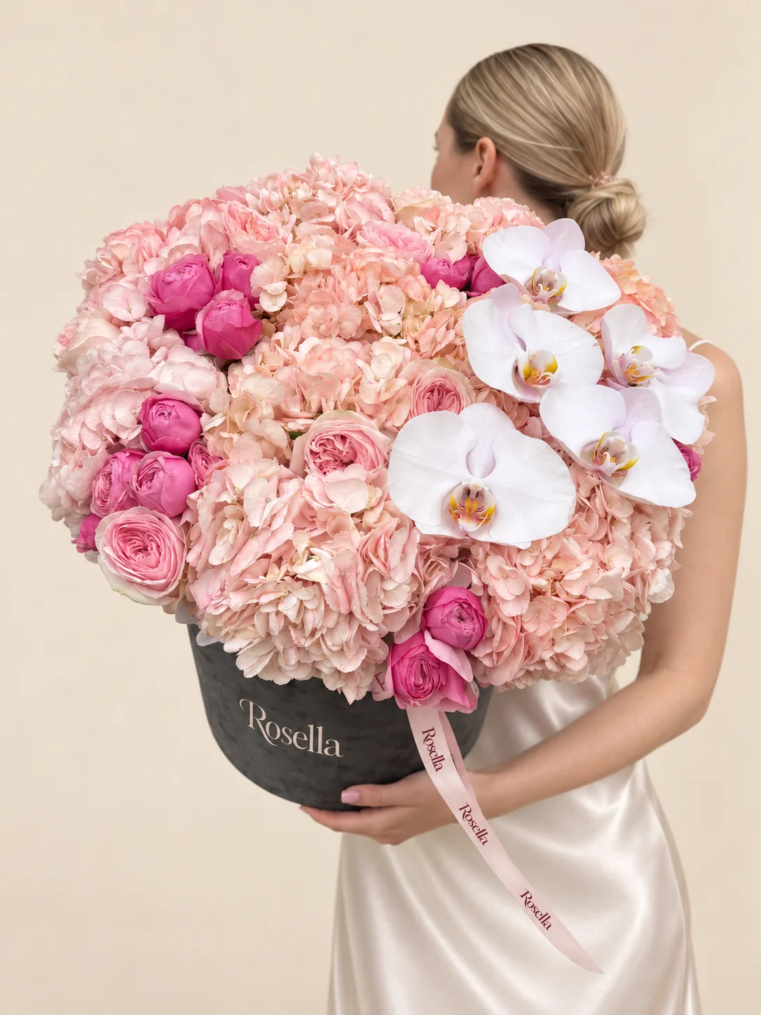 14 hydrangeas, 10 garden roses, 16 spray roses & 5 orchid blooms in a round box