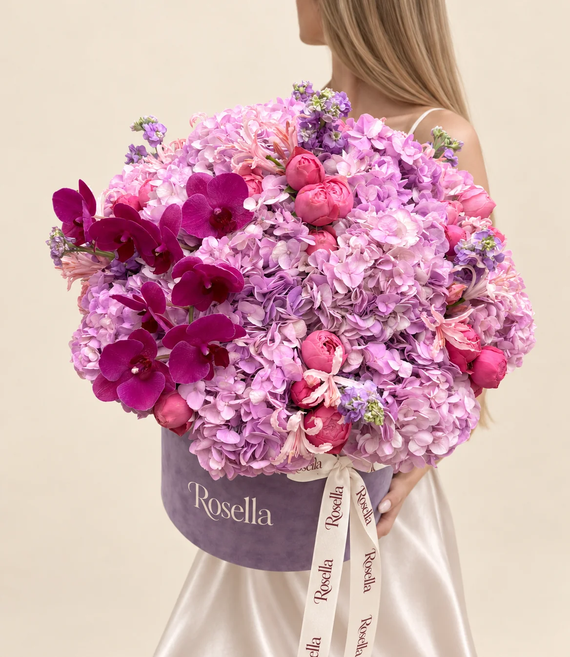 12 hydrangeas, 19 garden roses, 20 pale pink nerine, 4 stocks & 8 orchid blooms in a round box