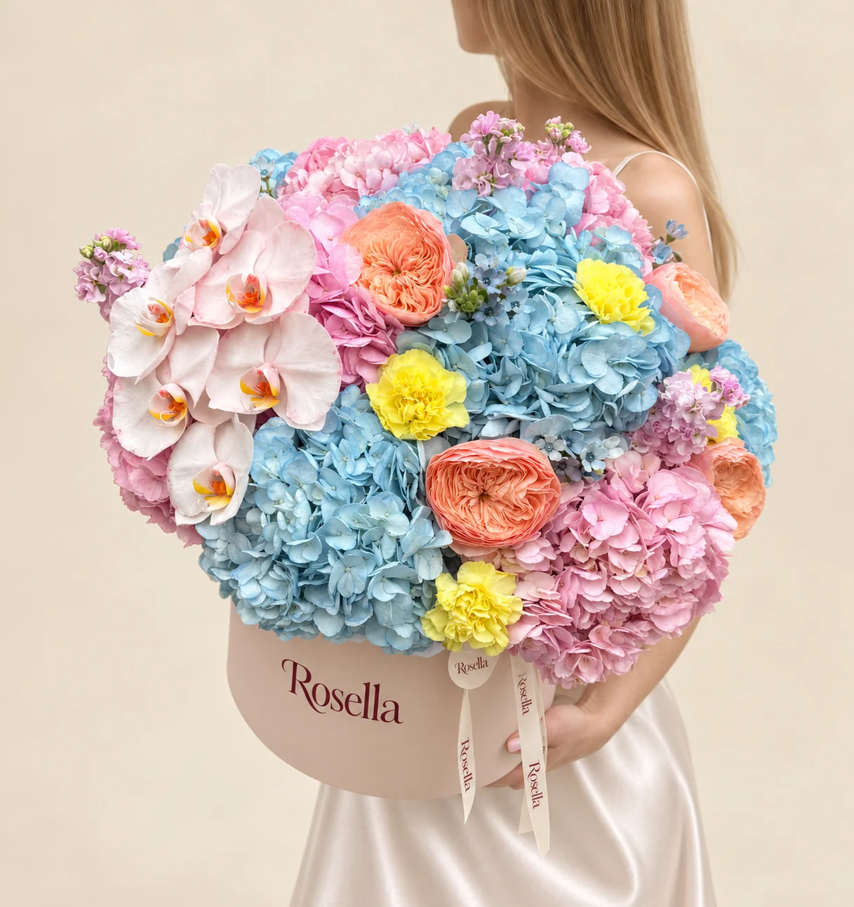 6 blue hydrangeas, 6 pink hydrangeas, 5 garden roses, 7 orchid blooms, 2 stocks, 4 carnations & 10 tweedia blooms in a round box