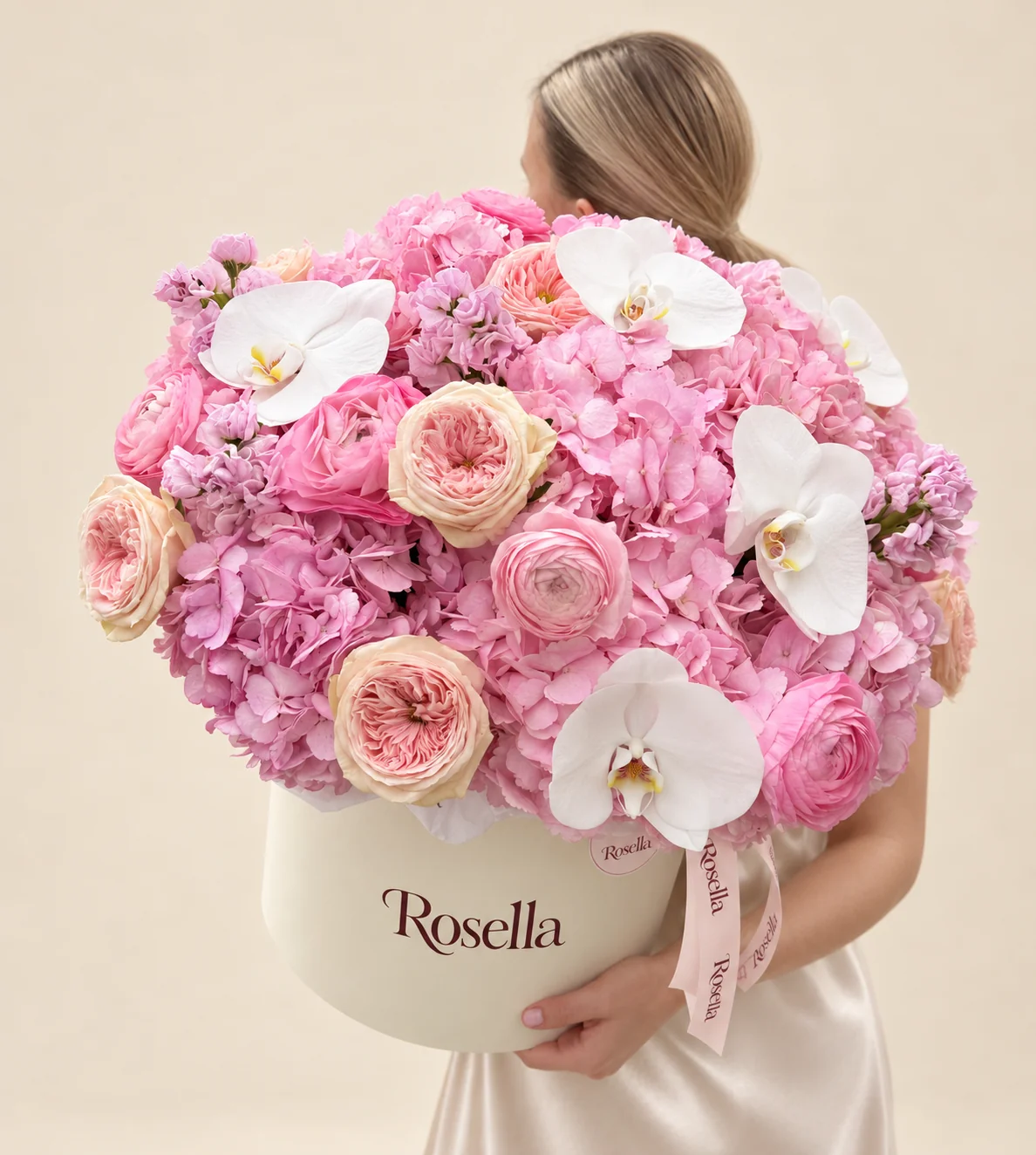 8 hydrangeas, 7 garden roses, 7 ranunculus, 6 orchid blooms & 2 stocks in a round box