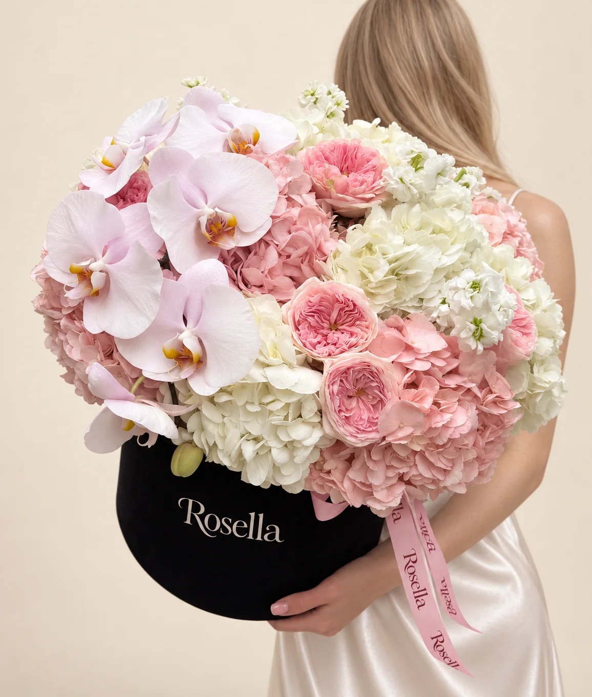 5 blush hydrangeas, 5 white hydrangeas, 6 garden roses, 3 stocks & 6 orchid blooms in a round box