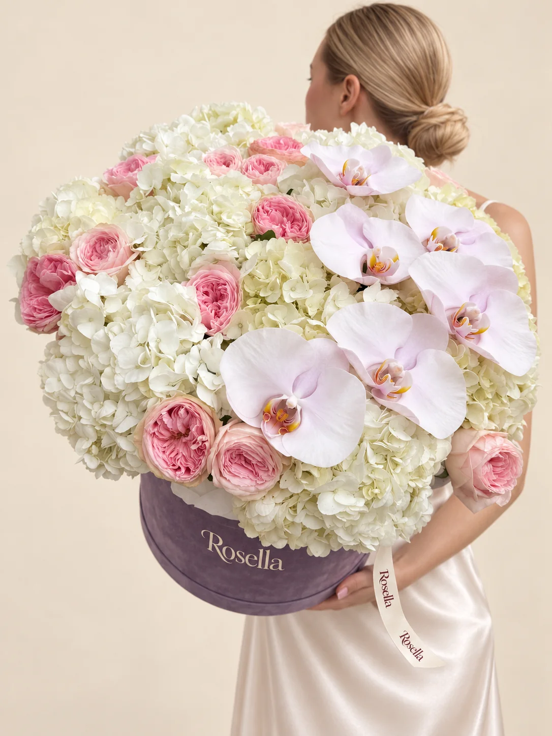 13 hydrangeas, 16 garden roses & 6 orchid blooms in a round box