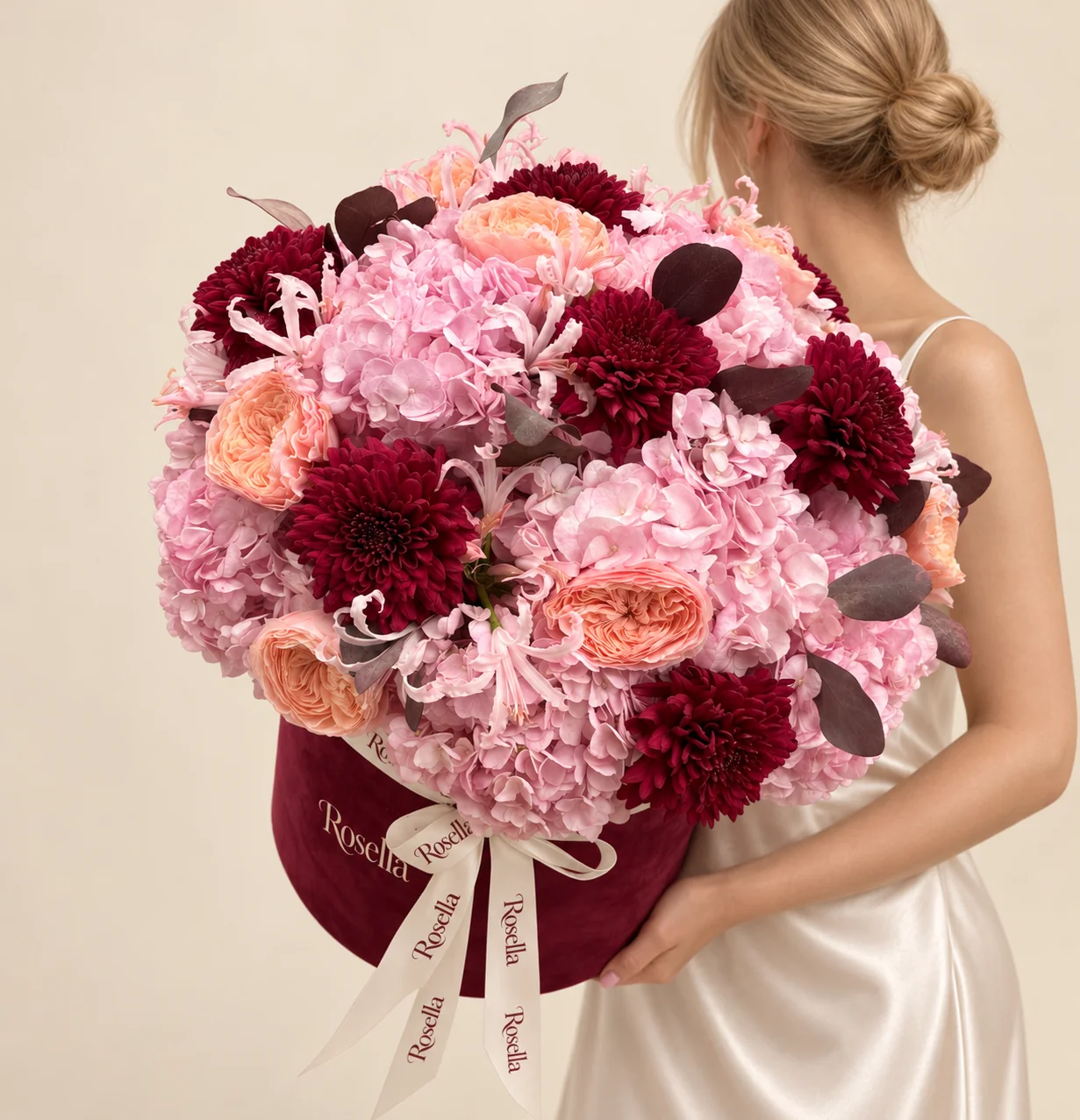 10 hydrangeas, 9 garden roses, 34 pale pink nerine & 9 chrysanthemums in a round box