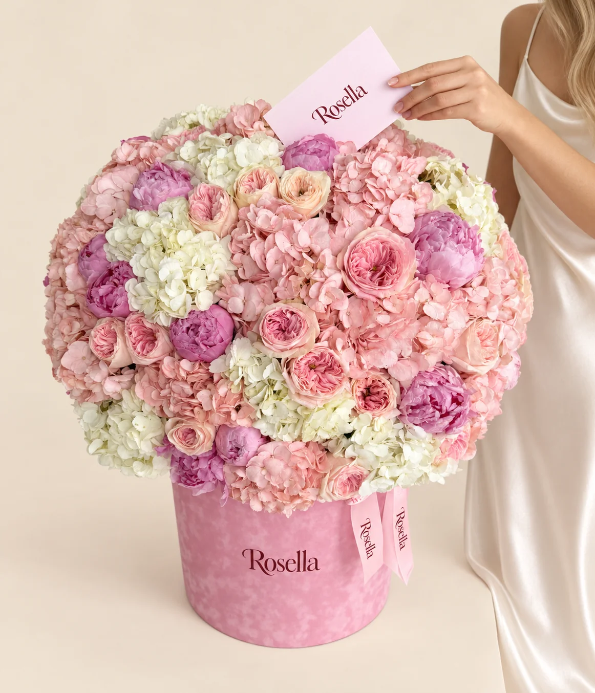 13 blush hydrangeas, 9 white hydrangeas, 16 garden roses & 11 peonies in a round box