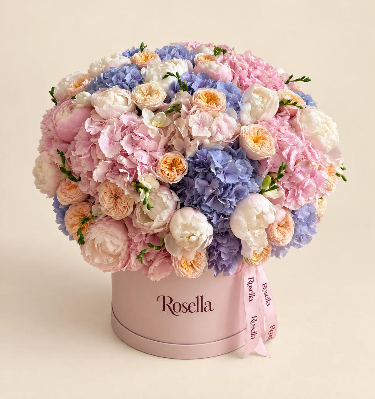 12 lavender hydrangeas, 22 garden roses, 9 pink hydrangeas, 14 ivory peonies, 2 pink peonies & 3 freesias in a round box