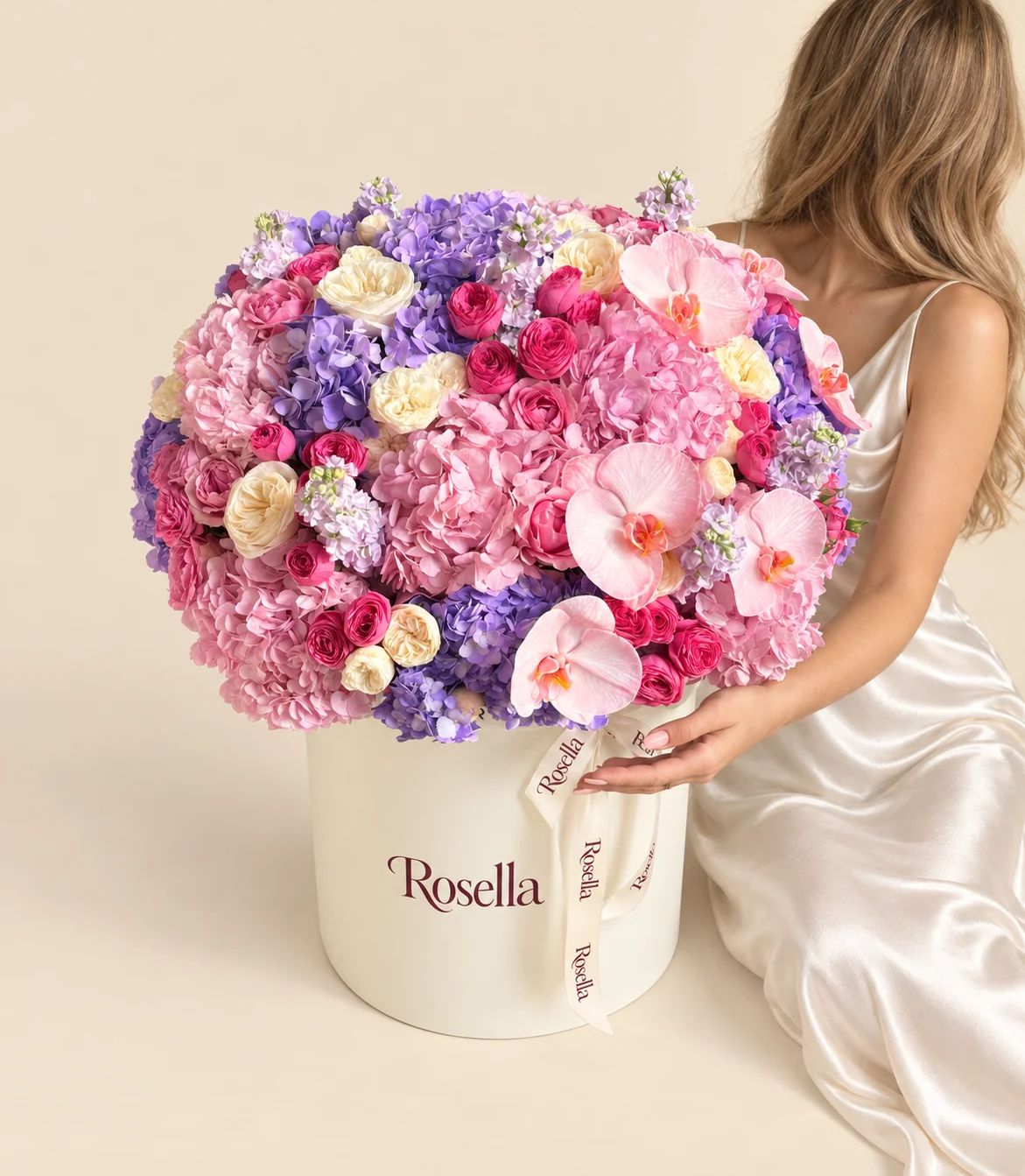 7 pink hydrangeas, 7 lavender hydrangeas, 16 garden roses, 13 roses, 28 spray roses, 7 stocks & 6 orchid blooms in a round box