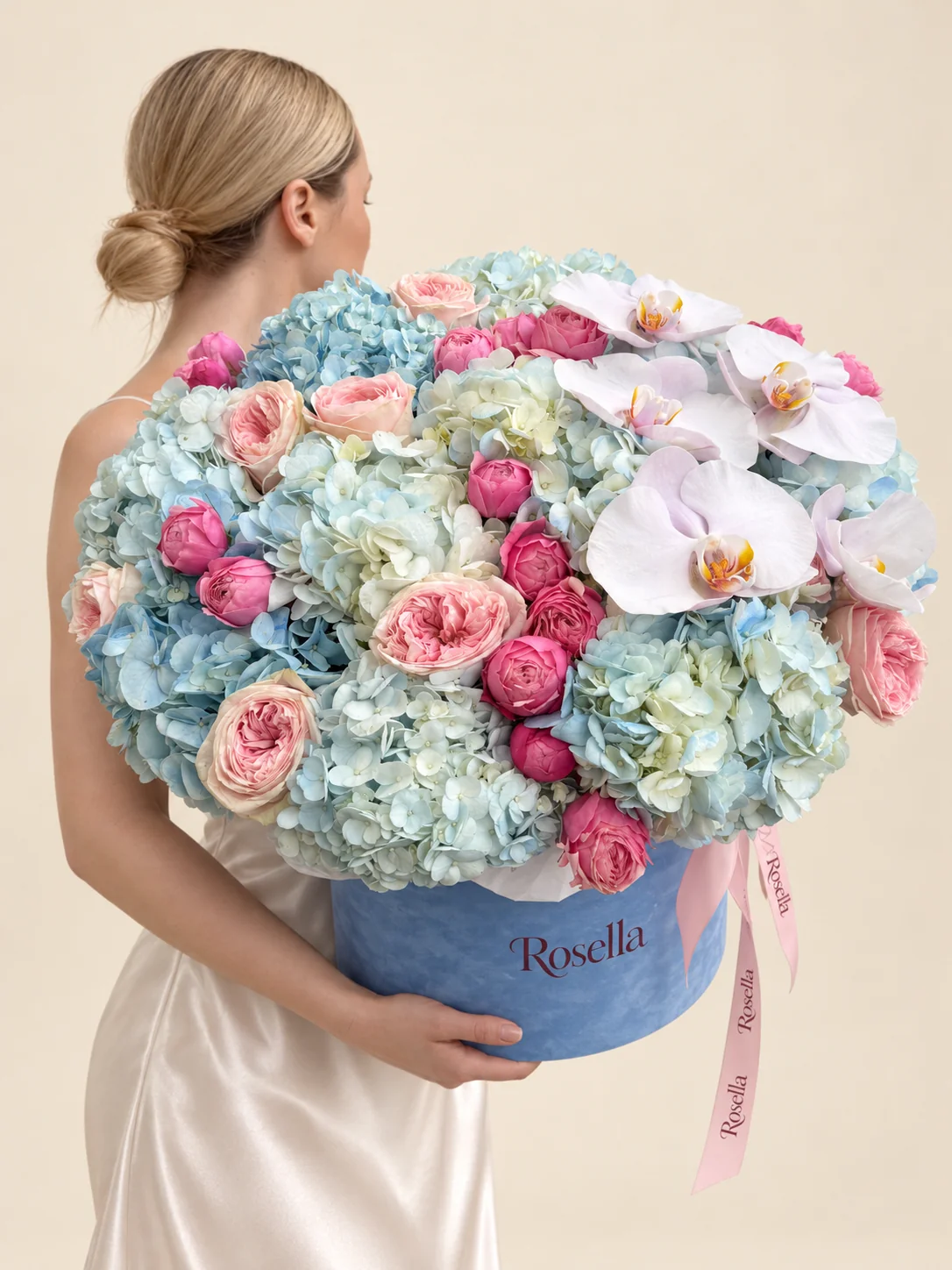 13 hydrangeas, 9 garden roses, 19 spray roses & 5 orchid blooms in a round box