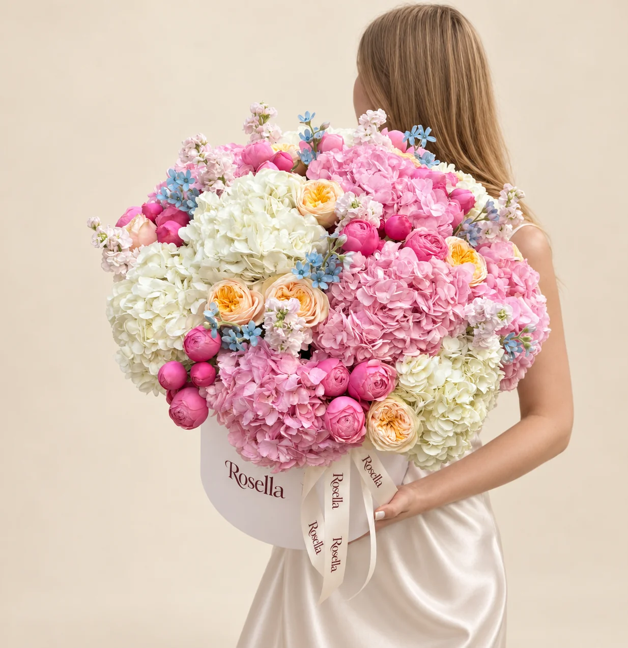 6 pink hydrangeas, 6 white hydrangeas, 9 garden roses, 27 spray roses, 5 stocks & 33 tweedia blooms in a round box