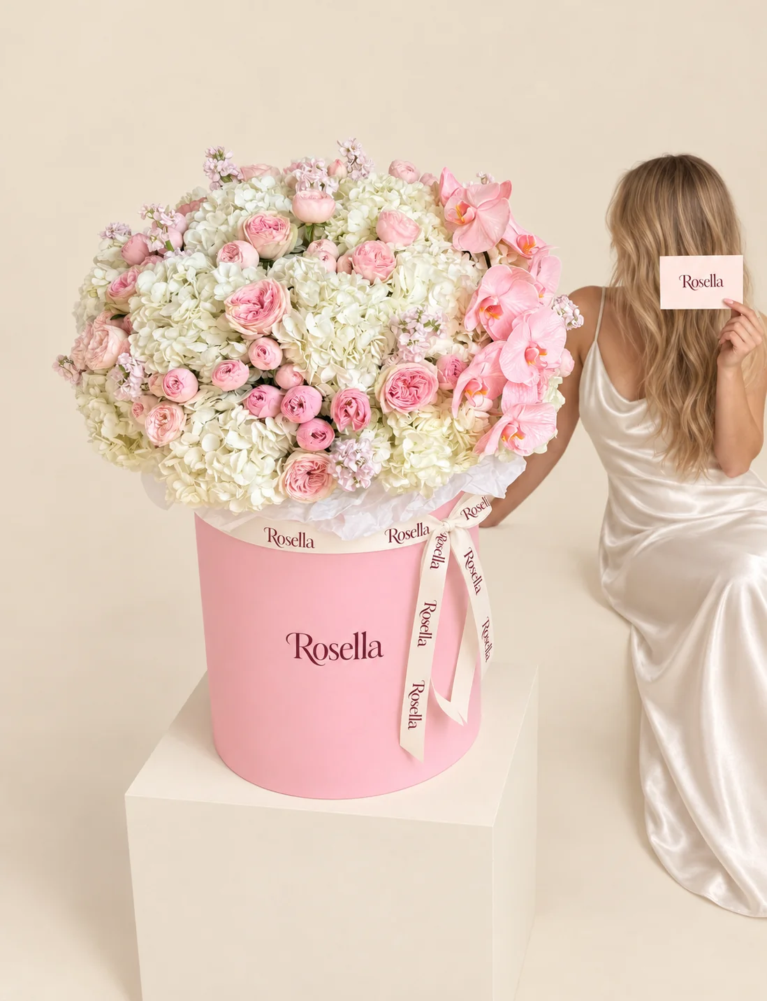14 hydrangeas, 15 garden roses, 28 spray roses, 7 stocks & 7 orchid blooms in a round box