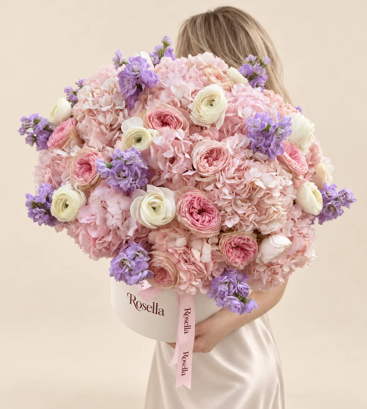 12 hydrangeas, 12 garden roses, 7 stocks & 14 ranunculus in a round box