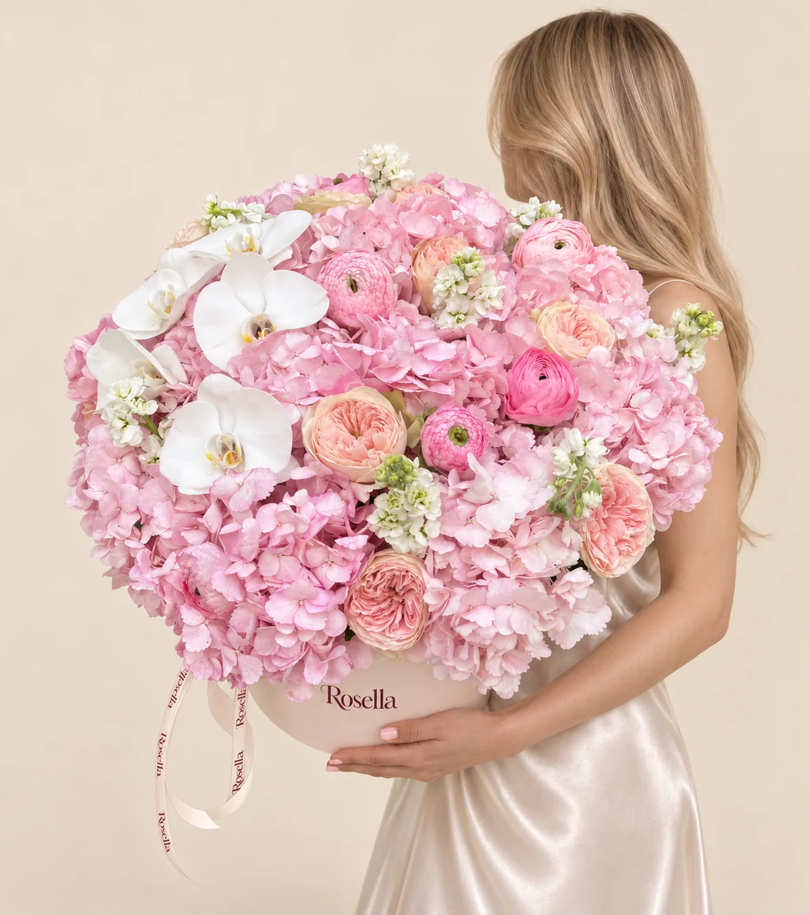 12 hydrangeas, 10 garden roses, 5 stocks, 6 orchid blooms, 5 pink ranunculus & 1 pink ranunculus in a round box
