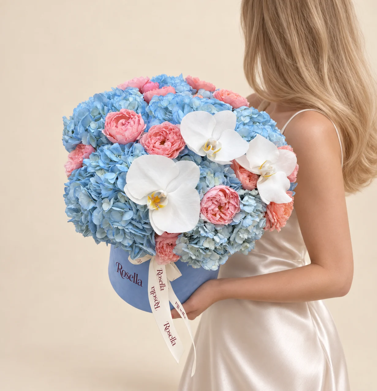 9 hydrangeas, 15 garden roses & 3 orchid blooms in a round box
