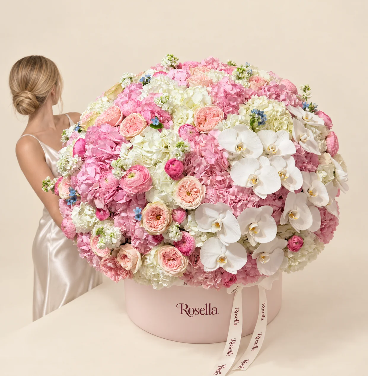 23 pink hydrangeas, 17 white hydrangeas, 15 peach garden roses, 20 pink ranunculus, 17 orchid blooms, 5 stocks, 8 pink ranunculus, 24 tweedia blooms & 1 cream garden rose in a round box