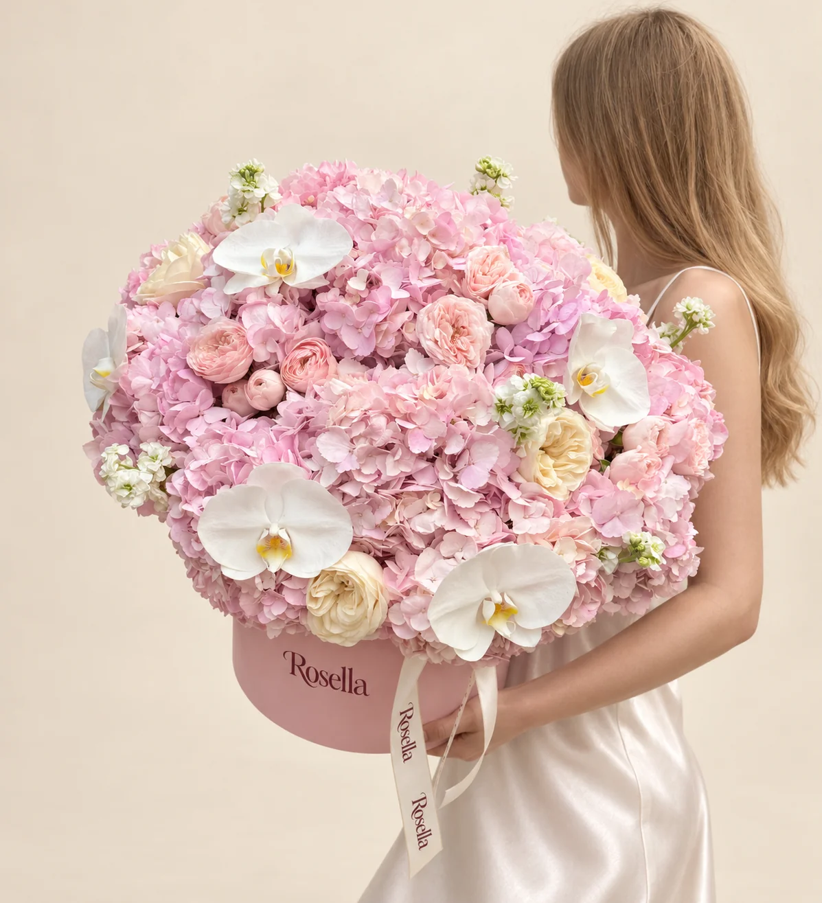 12 hydrangeas, 5 garden roses, 14 spray roses, 3 stocks & 5 orchid blooms in a round box