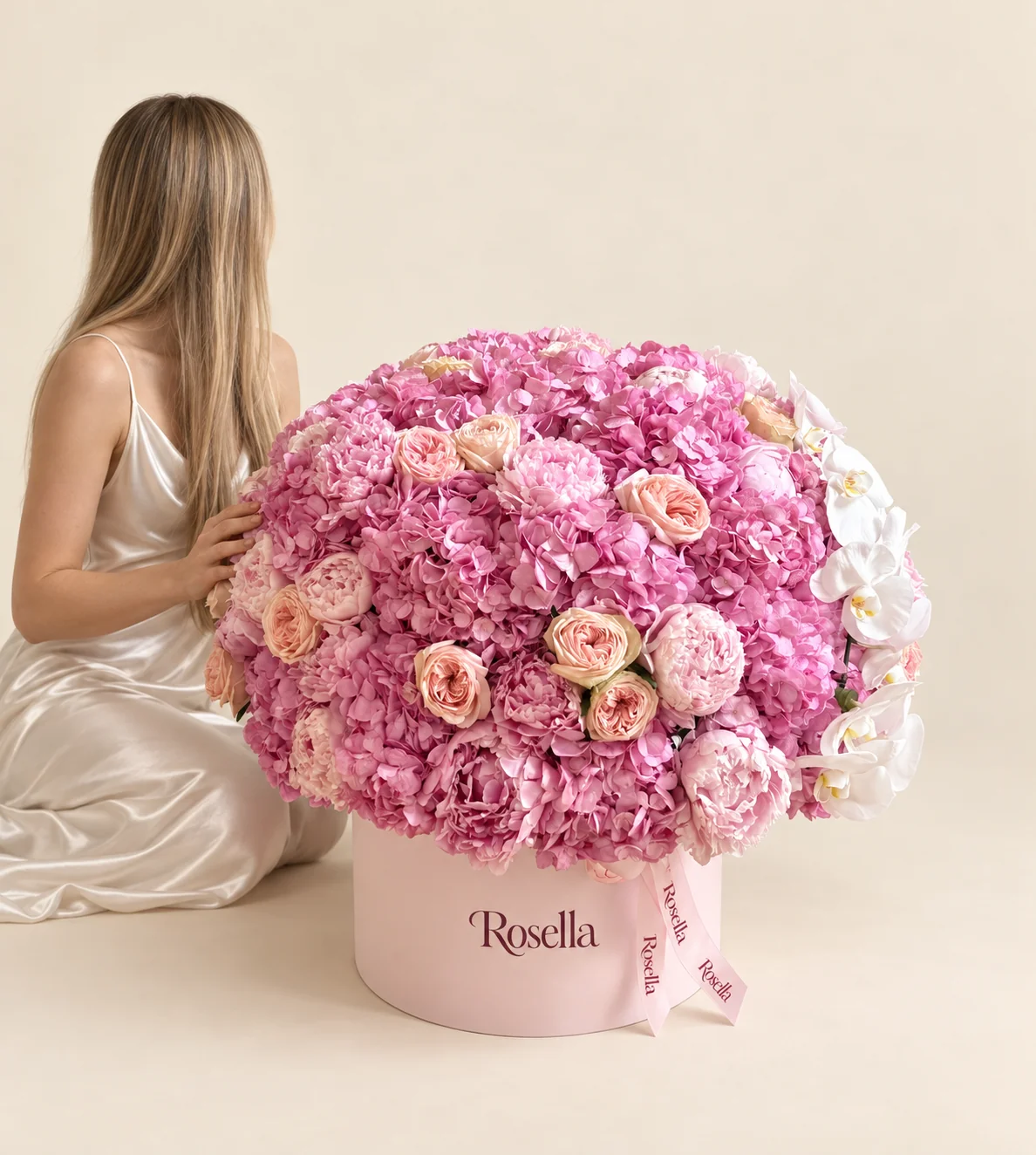 26 hydrangeas, 17 peonies, 13 garden roses & 7 orchid blooms in a round box