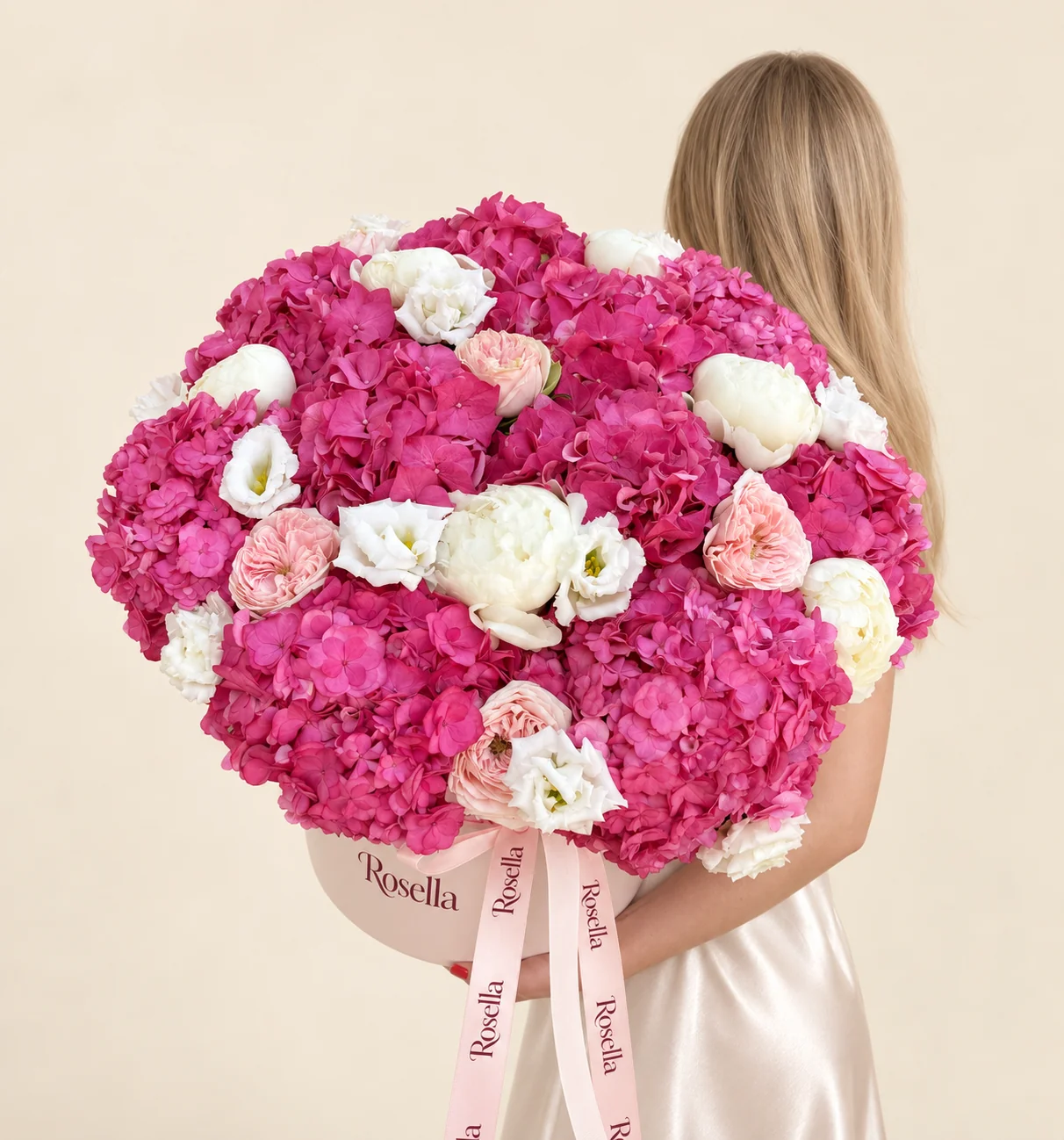 12 hydrangeas, 7 peonies, 5 garden roses & 12 lisianthus blooms in a round box