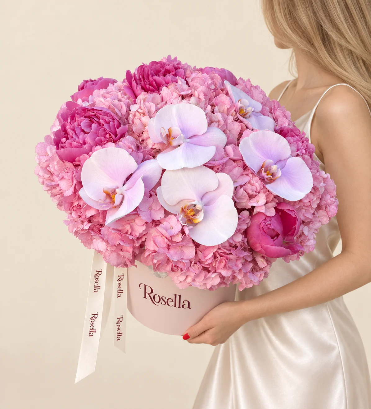 10 hydrangeas, 7 peonies & 5 orchid blooms in a round box