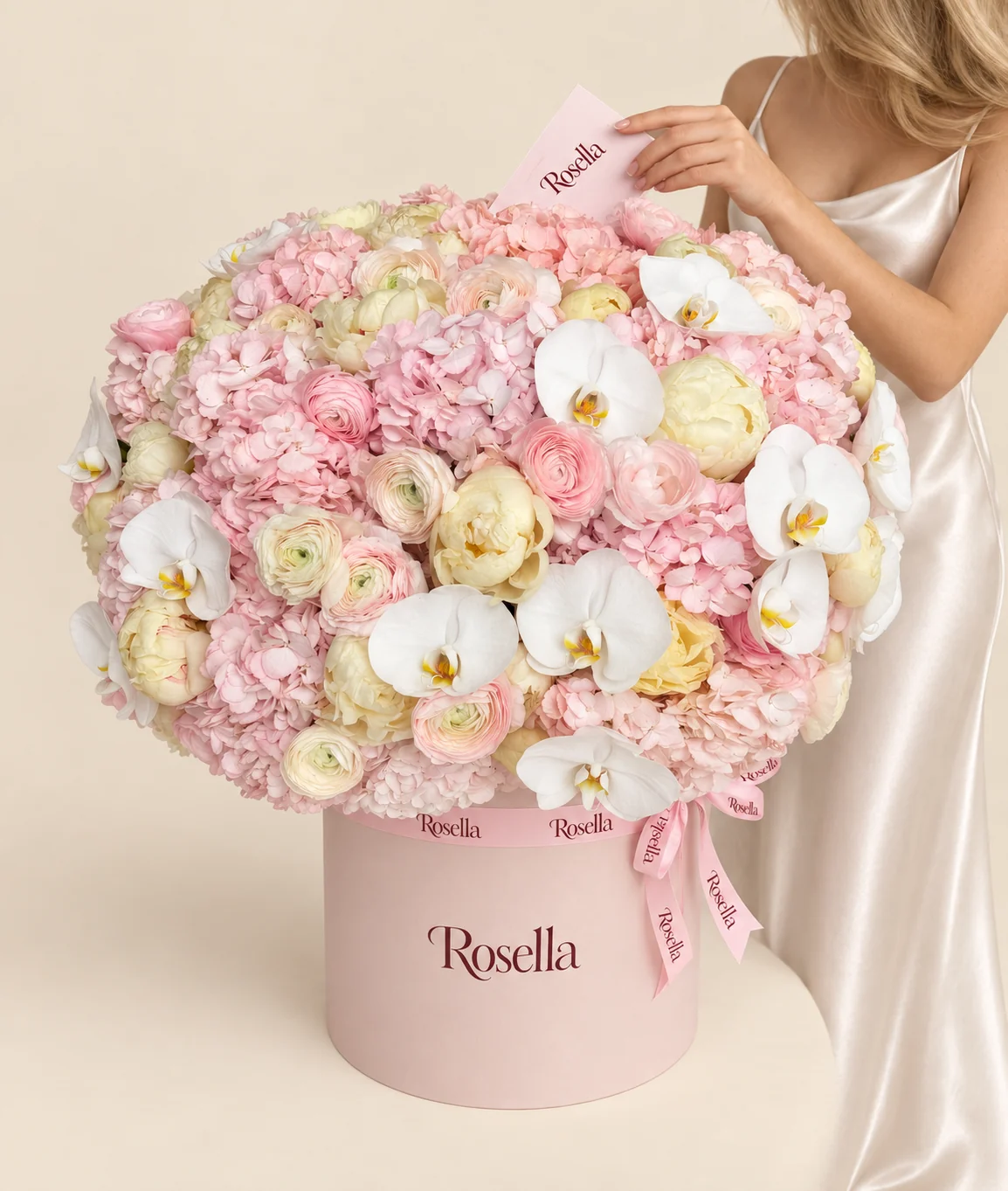 18 hydrangeas, 21 cream peonies, 14 orchid blooms, 10 pink ranunculus, 8 cream ranunculus & 3 pink peonies in a round box
