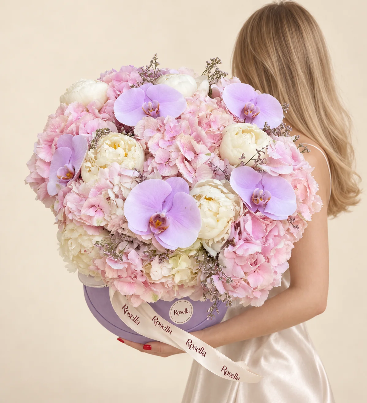10 pink hydrangeas, 6 peonies, 2 cream hydrangeas & 5 orchid blooms in a round box