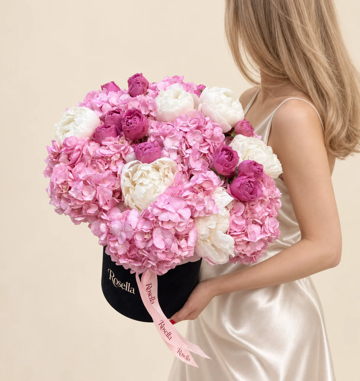 8 hydrangeas, 13 pink peonies & 8 white peonies in a round box