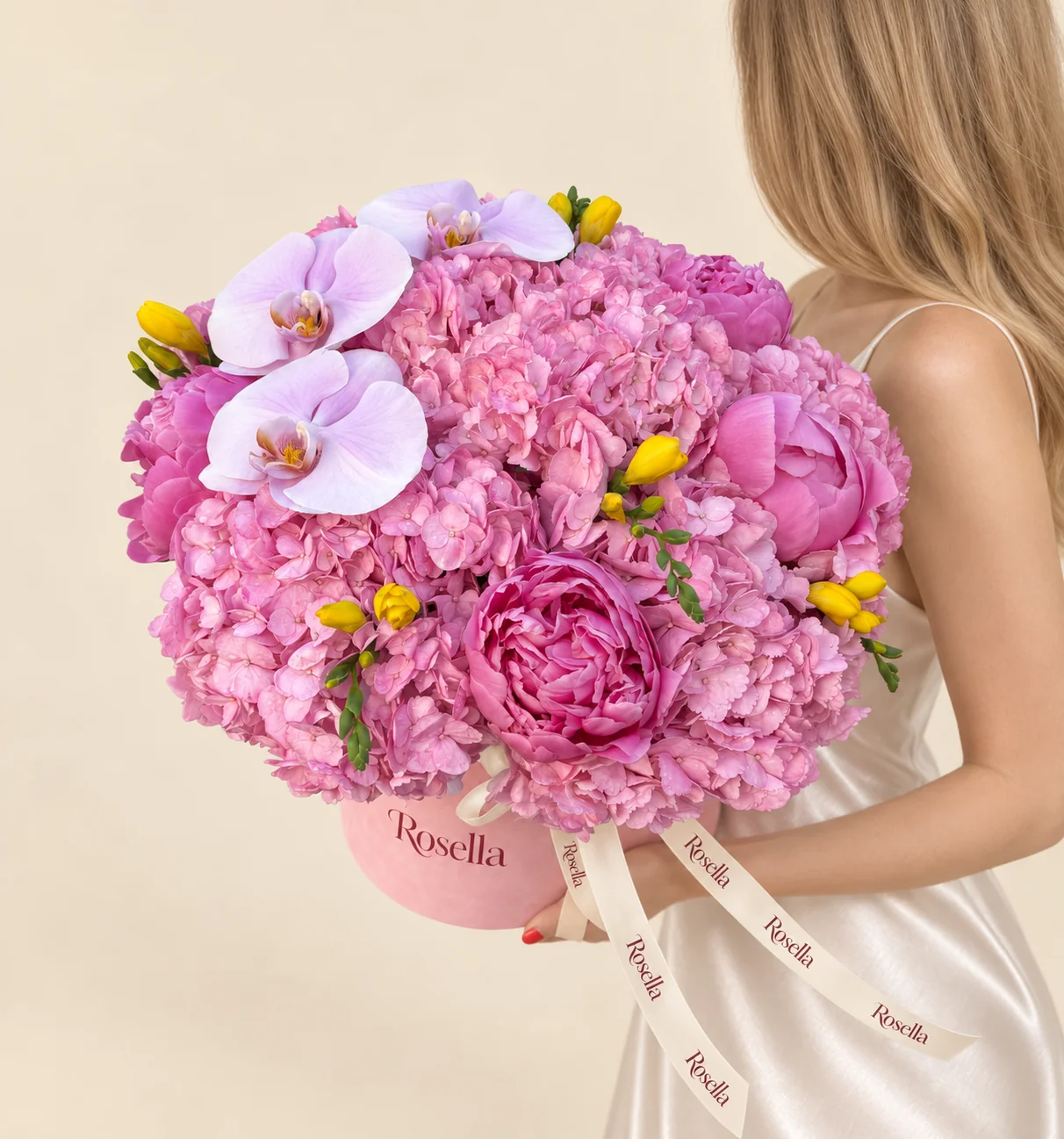 6 hydrangeas, 7 peonies, 4 freesias & 3 orchid blooms in a round box