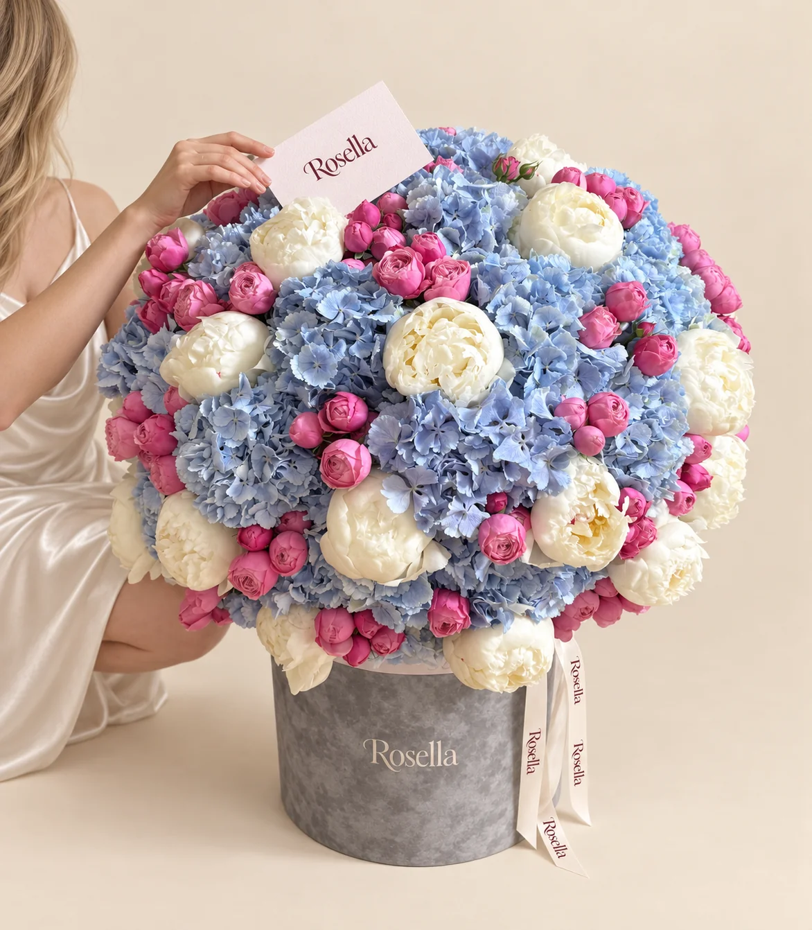 18 hydrangeas, 19 peonies & 80 spray roses in a round box