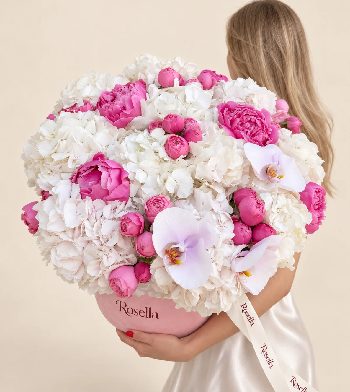 15 hydrangeas, 8 peonies, 25 spray roses & 3 orchid blooms in a round box
