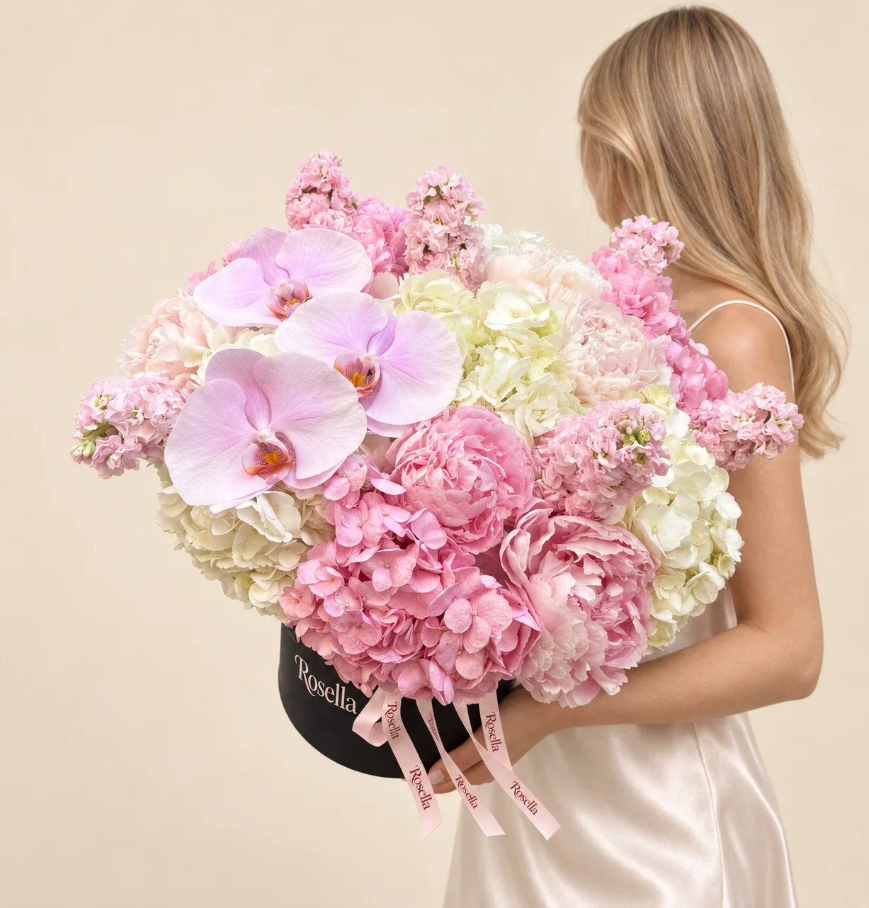 5 cream hydrangeas, 6 pink peonies, 6 stocks, 2 pink hydrangeas, 4 white peonies & 3 orchid blooms in a round box