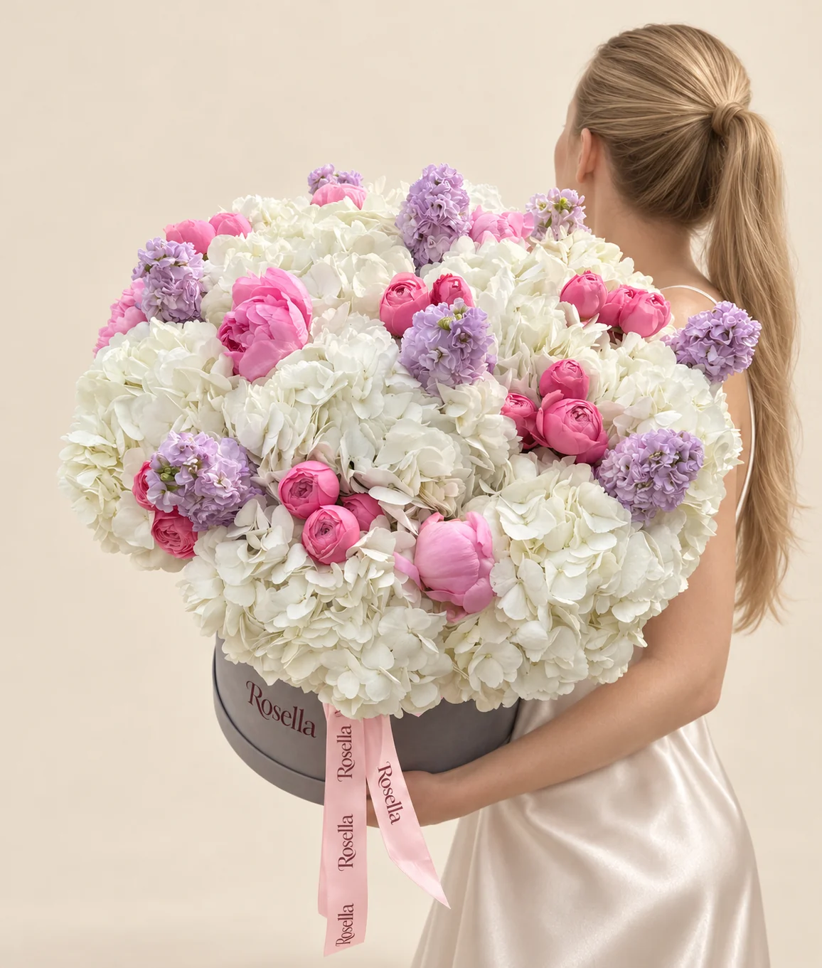 15 hydrangeas, 9 peonies, 6 stocks & 17 spray roses in a round box