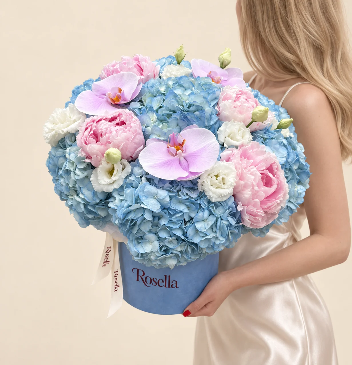 9 hydrangeas, 5 peonies, 14 lisianthus blooms & 3 orchid blooms in a round box