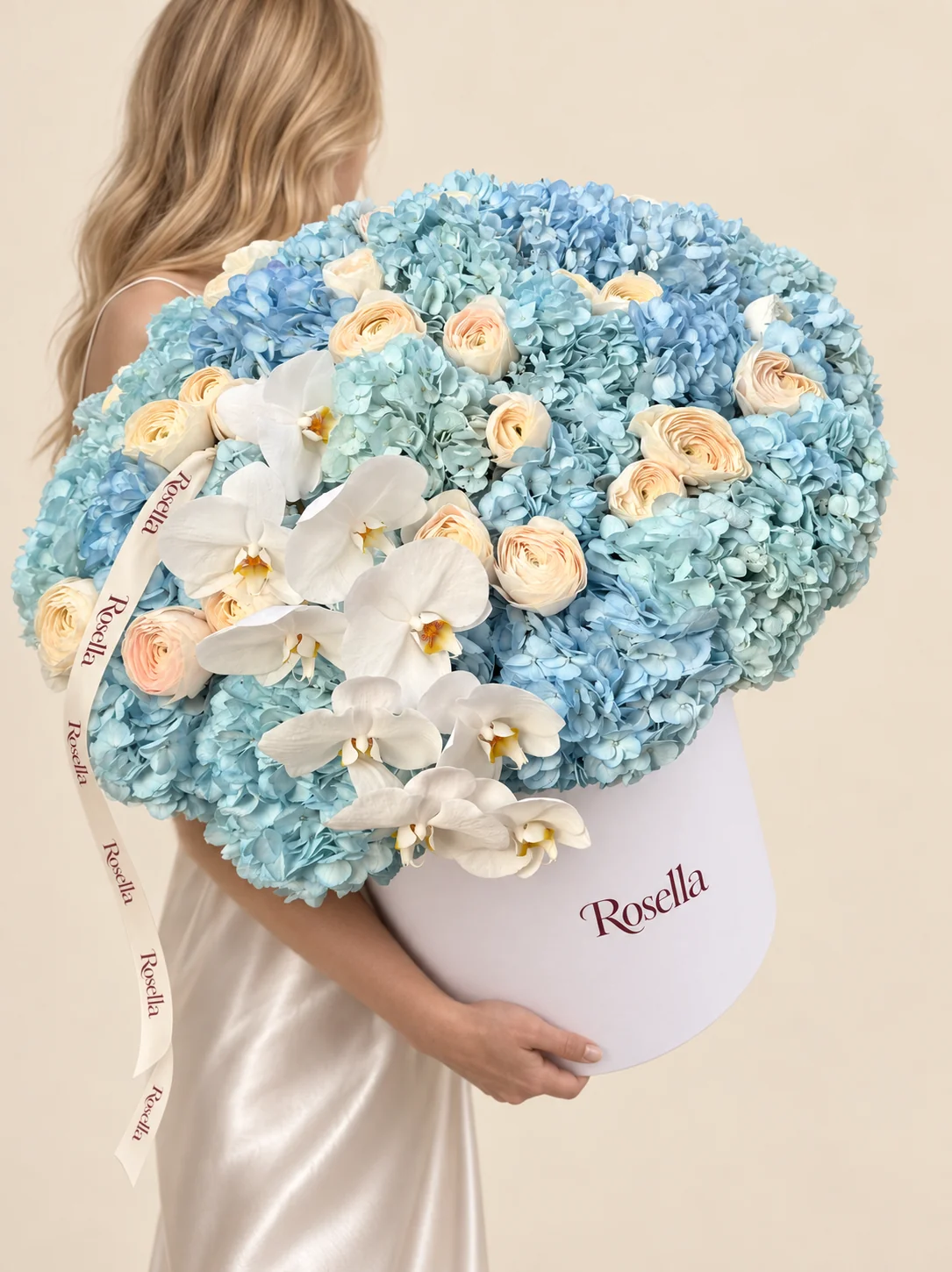 23 hydrangeas, 15 cream ranunculus, 9 orchid blooms, 5 roses & 5 blush ranunculus in a round box