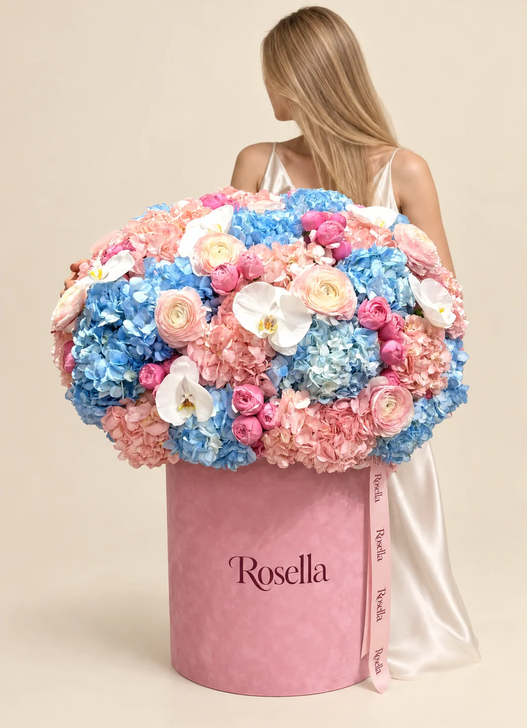 12 blue hydrangeas, 12 peach hydrangeas, 24 pink ranunculus, 11 blush ranunculus & 6 orchid blooms in a round box