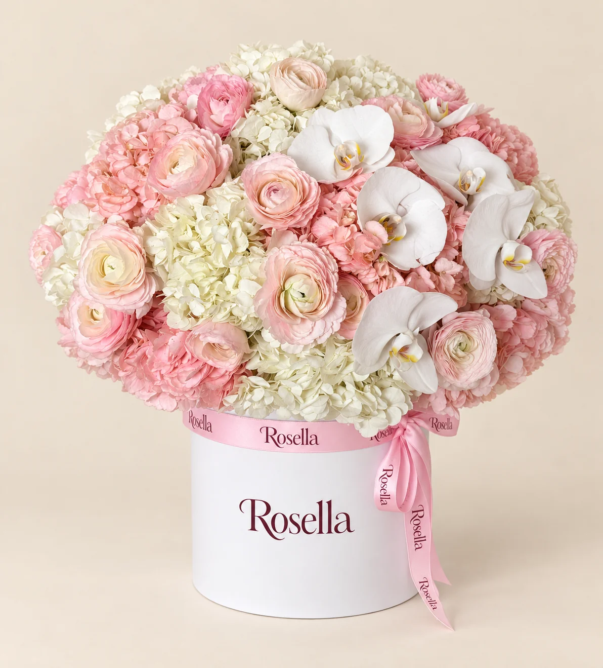 9 white hydrangeas, 6 pink hydrangeas, 16 blush ranunculus, 5 orchid blooms & 1 ivory ranunculus in a round box