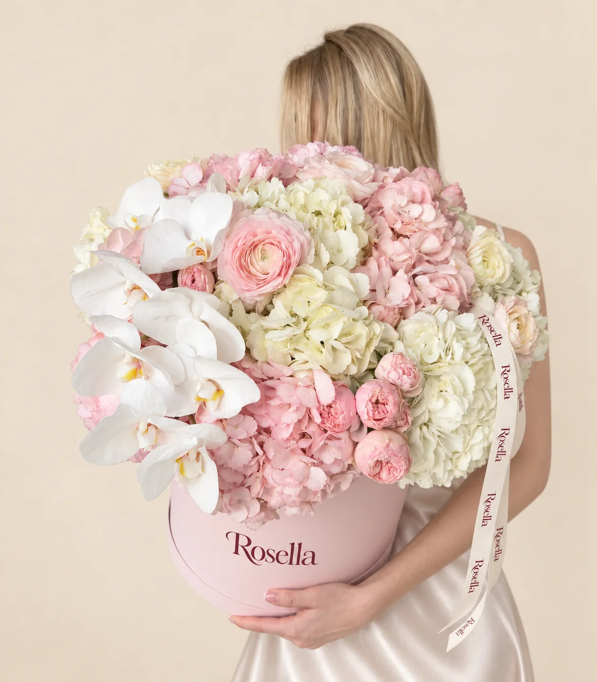 5 pink hydrangeas, 5 ivory hydrangeas, 10 blush ranunculus, 8 orchid blooms & 5 cream ranunculus in a round box
