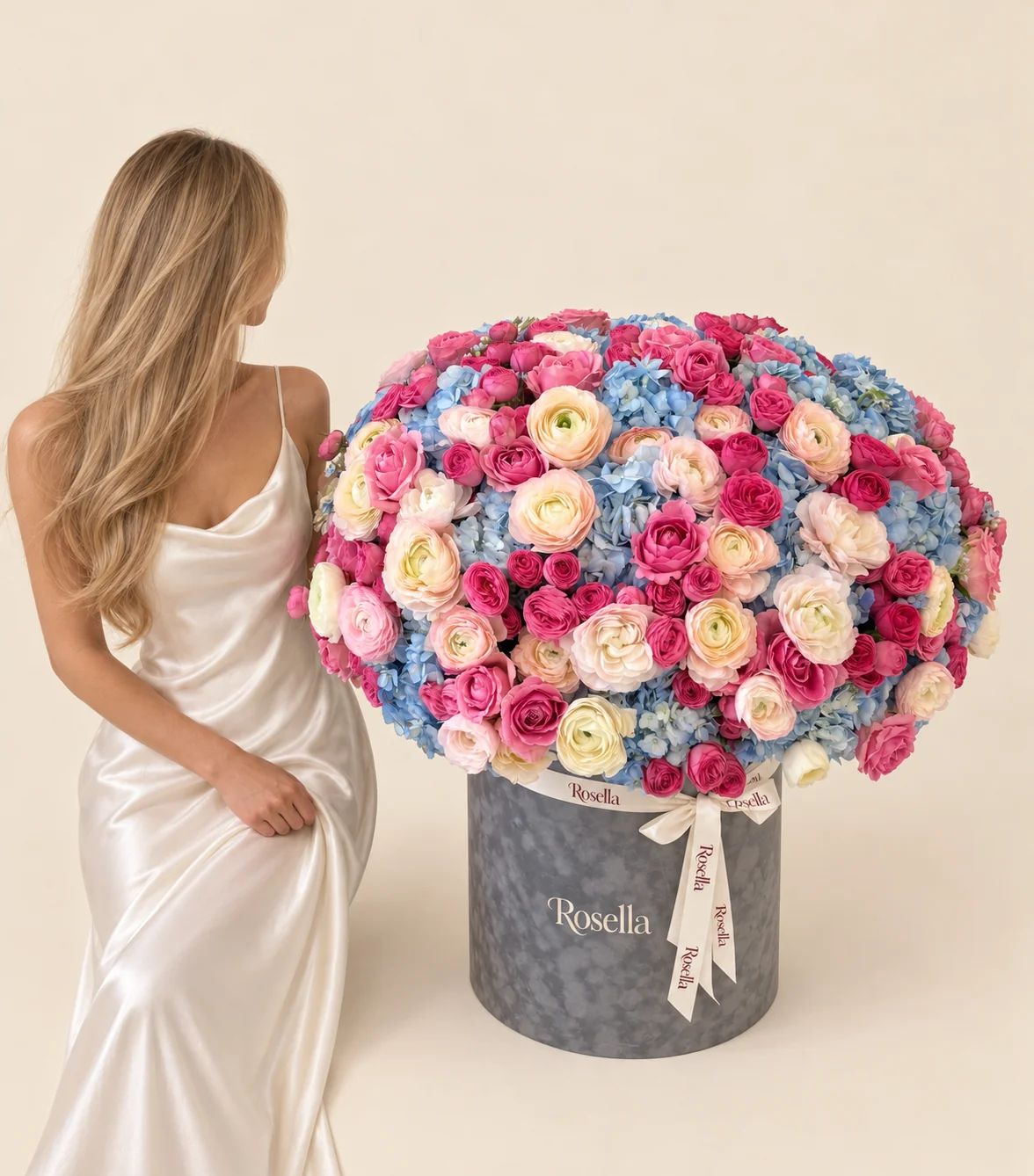 16 hydrangeas, 35 ranunculus, 55 pink spray roses & 25 pink spray roses in a round box