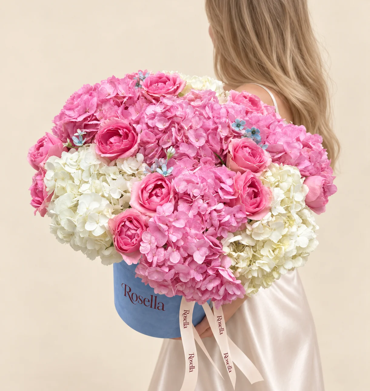 5 pink hydrangeas, 4 white hydrangeas, 12 roses & 10 tweedia blooms in a round box