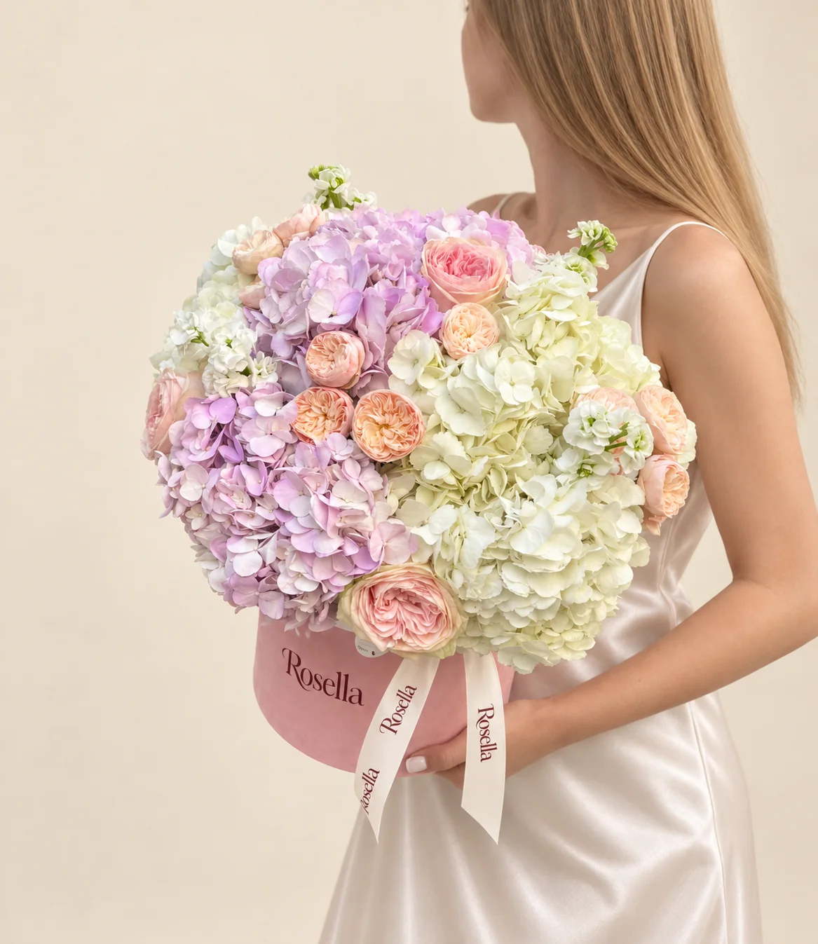 4 white hydrangeas, 3 lavender hydrangeas, 13 spray roses, 3 garden roses & 3 stocks in a round box