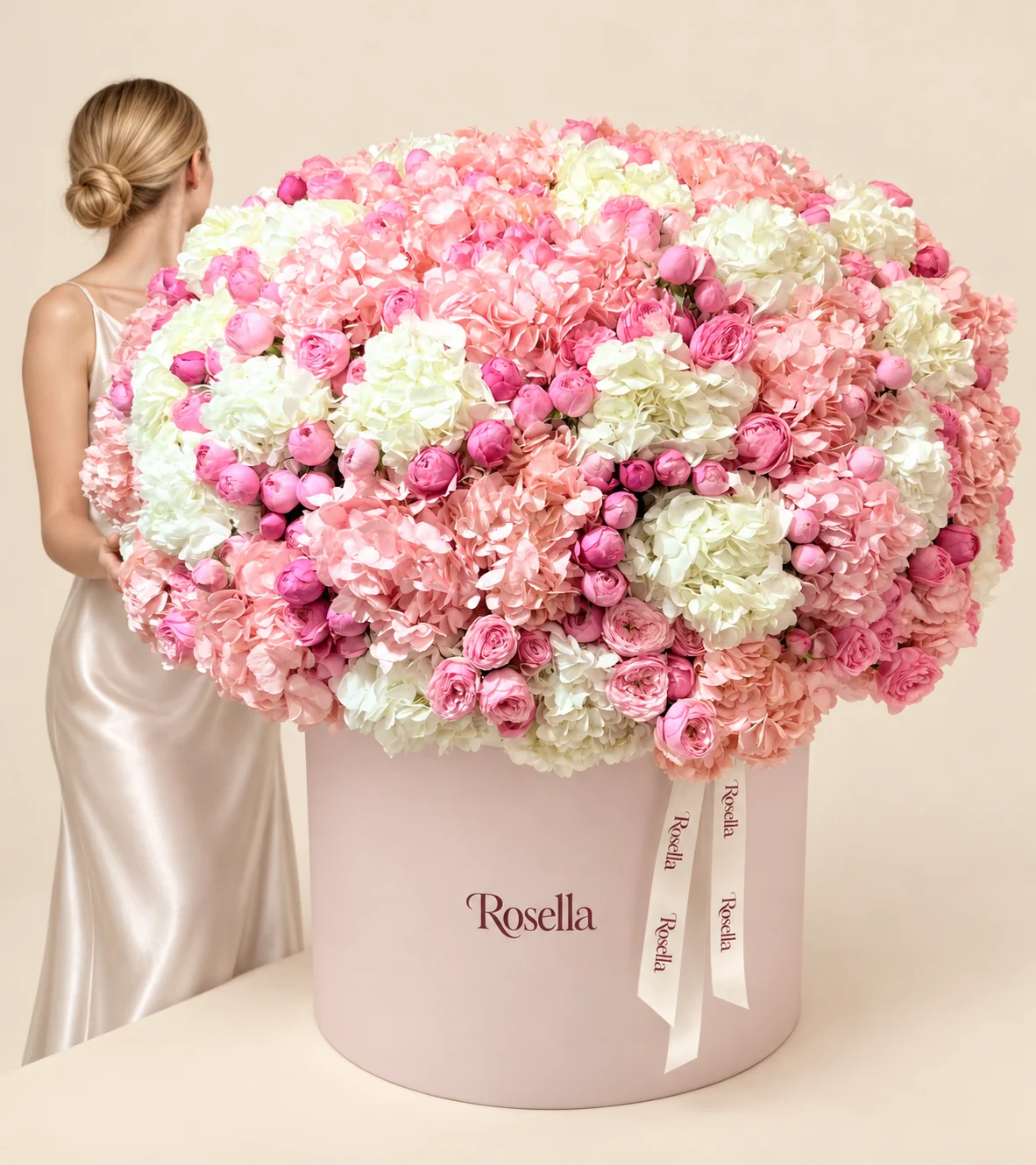 29 blush hydrangeas, 20 white hydrangeas & 120 spray roses in a round box