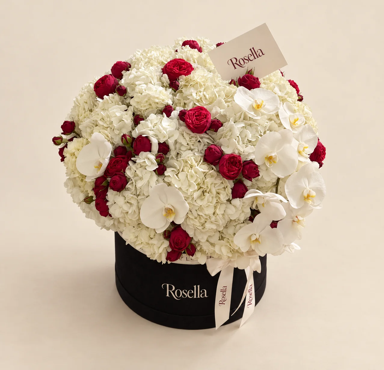 21 hydrangeas, 55 spray roses & 10 orchid blooms in a round box